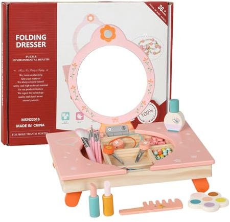 Générique Coiffeuse Jouet, Table de Toilette Pliante en Bois avec Miroir, Coiffeuse Enfant Pliable pour Jeu D'Imitation avec Peigne Et Cosmétiques, pour Anniversaire Noël Salon Salle De Beauté