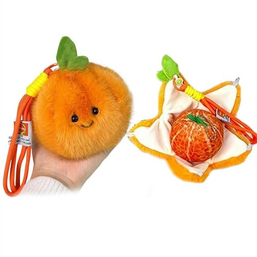 Peelable Orange Plush Keychain with Hidden Ring Holder,Adorable Tangerine Stuffed Toy for Backpack and Car Decoration,Soft PP Cotton Fruit Pendant with Green Leaves for Kids and Adults