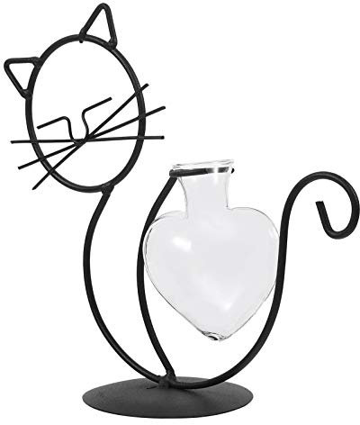 Holibanna Bureau en Verre Planteur Vase Titulaire Fer Verre Dessin Animé Chat Noir Plante Hydroponique Fleur Vase Terrarium Conteneur Table Pièce Maîtresse Décoration 20X19 Cm