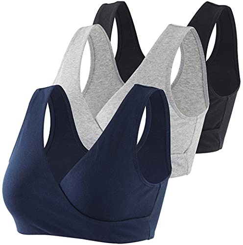 COLOMI Graviditets-amnings-bh trådlös amnings-bh i bomull för sömn, Svart/grå navy blå/3-pack, L