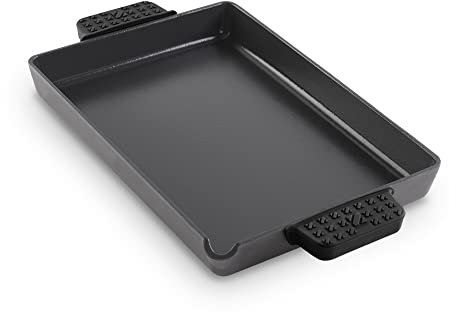 Zakarian by Dash 9x13 Nonstick Cast Iron Pan with Pour Spout and Silicone Grips for Searing, Baking, Broiling, Grilling and More- Black