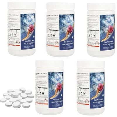 BLUE SPARKLE - Tabletas de cloro multifunción 4 en 1, 5 kg, desinfectante, estabilizador, algicida y clarificador para todas las bañeras de hidromasaje, spas, piscinas, 250 x 20 g