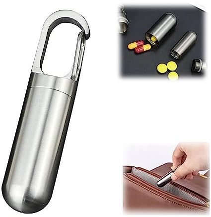 IMOCKA Stainless Steel Pill Box, Metal Pill Box Organizer, Keychain Pill Holder Container, Pill Holders, Medicine Case for Traveling (Silver-S)