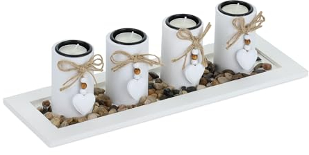 Relaxdays Set Portavelas con Bandeja y Piedras Decorativas, 39,5 cm de Largo, 4 Velitas, Decoración de Mesa, Blanco