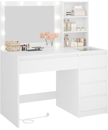 Schminktisch mit Beleuchtung, Schminktisch mit Schmucktablett, Einstellbare Helligkeit, Kosmetiktisch mit Steckdosen, Schminktische mit Spiegel, Frisiertisch mit 5 Schubladen, 3 offene Fächer, Weiß