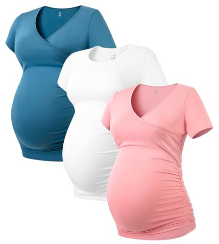 LAPASA kvinnor 3-pack mammamode mammakläder toppar graviditet kortärmad mamma-t-shirt L55, Mörkgrön, off vit, rosa, L