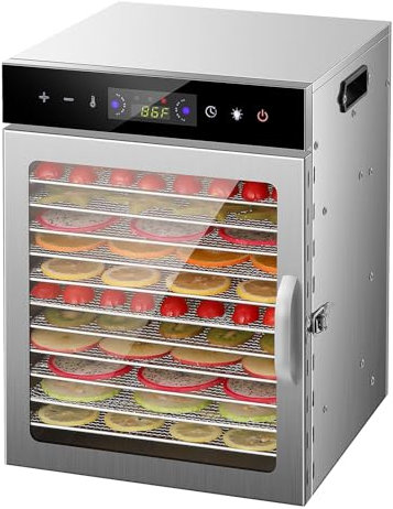 MOOTACO Dörrautomat Edelstahl, 12 Etagen Dörrgerät Timerfunktion von 24h, Dörrautomat für Obst Fleisch Früchte