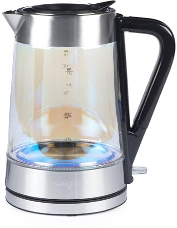 Salter Bollitore in vetro iridescente - 1,7l, illuminazione a LED blu, coperchio a pressione dell'acqua facile da riempire, filtro anticalcare, senza BPA, sensore di ebollizione a secco, EK5078IRFVDE