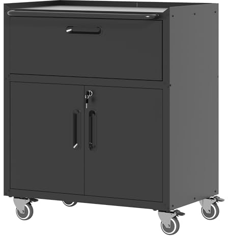 BIZOEIRON Werkzeugschrank, Metallschrank mit Rädern, Garagenschrank mit 2 Türen und 1 Schublade, Rollender Werkstattschrank, Montage Erforderlich, Schwarz