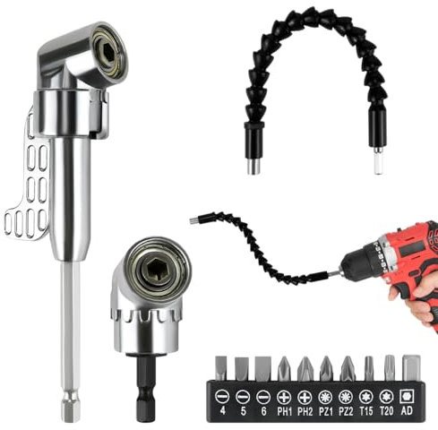 Doksvp 13 Piezas Adaptador de Destornillador Angular Kit,105 °Adaptador Atornillador Flexible, 1/4 de Pulgada Broca de Ángulo Recto, Eje Flexible Destornillador, para Accesorios Destornilladores