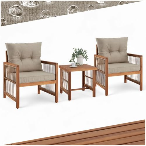 tectake® Lounge Set, Balkonmöbel Bistrotisch Set mit 2X Gartenstuhl Holz und Balkon Tisch, Gartenlounge Set im Rope Design, Garten Lounge, Balkonmöbel Set mit XXL Polsterung