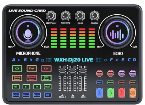 Flaroey DJ20 - Tarjeta de sonido de mezcla de audio en con micrófono condensador de 48 V, características de reverberación para micrófono cardioide