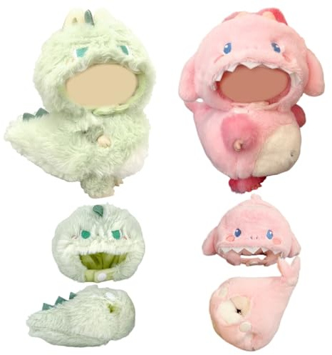 MUNKST Vêtements Poupées Peluche 17cm, 2 Sets Outfit Lububu avec Combinaisons Fourrées Requin & Dinosaure, Accessoires Poupée, Vêtements de Déguisement pour Poupées 17cm,Poupée Non Incluse(Rose Vert)