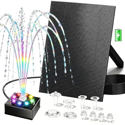 Boadw Pompa da laghetto solare 8W con batteria 1800mAh – Fontana solare per esterni per abbeveratoio per uccelli, piccolo laghetto e giochi d’acqua – 10 stili di zampillo e 8 LED colorati
