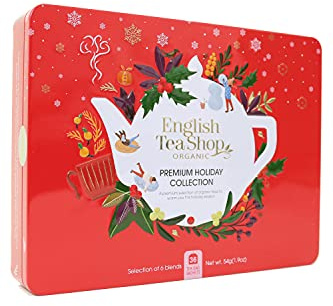 English Tea Shop Organic Premium Holiday Collection Snowflake Red Gift Tin 36 Tea Bag Sachets - 6 Different Flavours