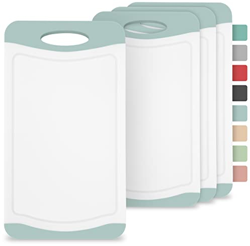 Frühstücksbrettchen Kunststoff 4er Set, 25 x 14 cm I Schneidebrett BPA frei, Rutschfest mit Saftrille und Griff - Spülmaschinenfest – Brettchen, Brotzeitbrett (Blau/Weiß)