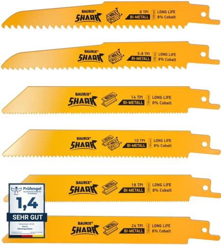 BAURIX® Sierra sable de calar - SHARK® [6 piezas] - 150 mm - 5/8 a 24 TPI - Hojas sierra sable para cortes rápidos y limpios - Sierra de Sable para clavos, metal, plástico y madera - Hoja Sierra metal