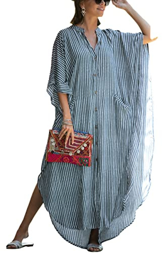 Bsubseach Abiti Kaftan per Le Donne Plus Size Caftan Costume da Bagno Copertura ups per Costumi da Bagno Kimono Abito Grigio Stripes