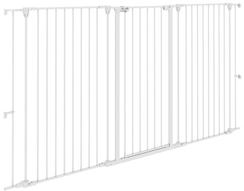 PawHut Barrière de sécurité pour Chien en Acier à 3 Panneaux Pliante avec Double Verrouillage et Porte intégrée pour Porte et escalier - 206 x 120 cm Blanc