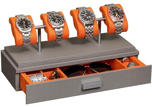 ROTHWELL Luxury Watch Display Case for 4 Watches – Leather Watch Box with Acrylic Cover and Removable Slide in Cushions – Accessory Drawer with Multiple Configurations (Grey/Orange)