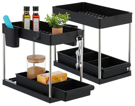Relaxdays Juego Lavabo 2 Estantes Bajo Fregadero Deslizantes, 2 Baldas, 4 Ganchos y 2 Contenedores C/U, 33 x 22 x 40 cm, Negro, Acero Inoxidable