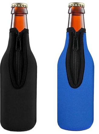 2 Pezzi Copertura per Bottiglia di Birra in Neoprene, Copertura Isolante per Bottiglia di Birra, Copertura per Birra con Cerniera, Adatta per Bar, Feste di Compleanno,Attività All'aperto (Nero + Blu)