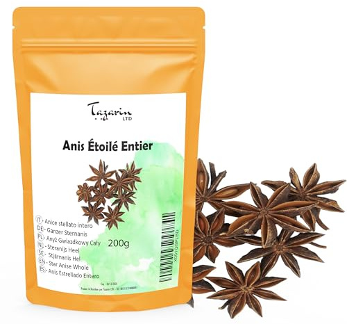 200g Anice Stellato Intero - Badiane - Aroma & Gusto Intenso - Infuso, Tè e Ricette Case - Selezione Prima Scelta - Illicium Verum - 100% Naturale | Qualità Superiore - TazainLTD
