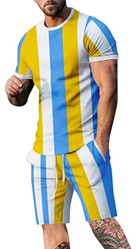 Sportanzug für Herren, lässig, Sportbekleidung, Herren-Trainingsanzüge, Sommer, lässig, Farbblock, 2 Rundhalsausschnitt, T-Shirt, kurze Ärmel, Tasche, Hosenset, Chap-Anzug, blau, XL