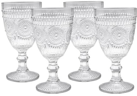 Spetebo Retro Weinglas 300 ml transparent - 4er Set - Vintage Trinkglas mit Relief Muster - Weinkelch Wasserglas Kristallweinglas Glas mit Fuß