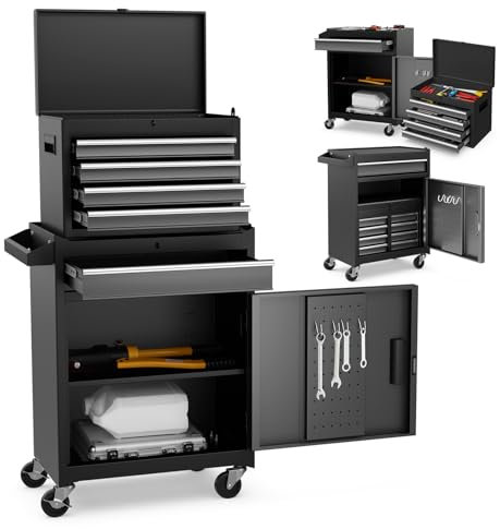 COSTWAY Large Rolling Tool Cabinet, 2-in-1 Detachable Metal Tool Chest with Drawers, Wheels, Handle & Hooks, Lockable Tool Box Trolley for Garage Workshop (5 Drawer with Adjustable Shelf, Black+Grey)