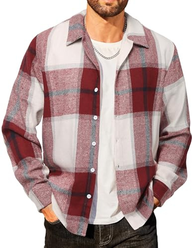 COOFANDY Camisas de franela para hombre, informales, con botones, a cuadros, tipo chaqueta, de manga larga, ajuste regular, sobrecamisa, Rojo Blanco, XL