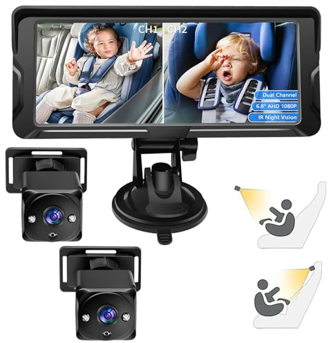 Shkalacar 2-Kids 6,8 tum 1080P babysäteskamera med bilkameraskärm för baby med 2 IR nattsynskameror och 150° vidvinkel lätt att