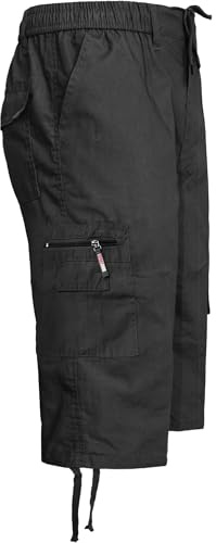 Turnhout Mens 3/4 Elasticated Waist Cargo Summer Combat Multi Pockets Long Length Shorts Three Quarter Pants, Black, XXL