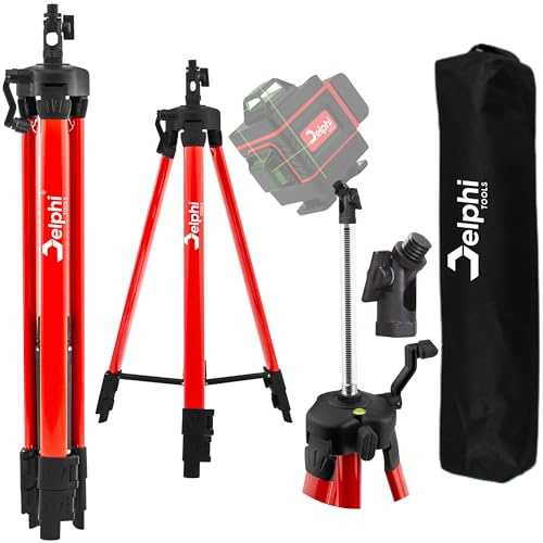 Delphi Stativ für Kreuzlinienlaser, höhenverstellbar bis 150 cm, 5/8 Zoll Gewinde, Aluminium-Dreibein mit integrierter Libelle und Tragetasche, robust und stabil, mit Neigungsadapter