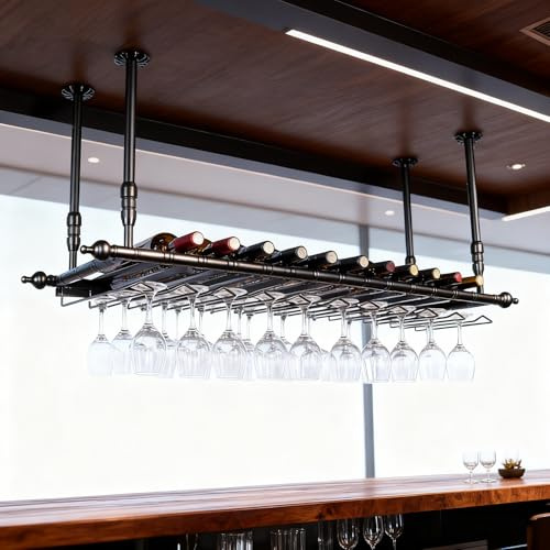 Dernoing Soportes para Copas y Botelleros Colgante de Metal, Altura Ajustable Porta Bottiglie da Vino, Cuelga Copas con Invertido Tallo para Barra Bar/Club/Armarios para Vino (BK, 120x30x(30-60) cm)