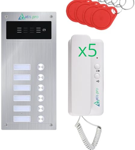 Kit citofono audio 2 fili per 5 appartamenti – Citofono collettivo antivandalo con lettore RFID – Kit completo con alimentatore e cornetti – Installazione da incasso o a parete – Facile da installare