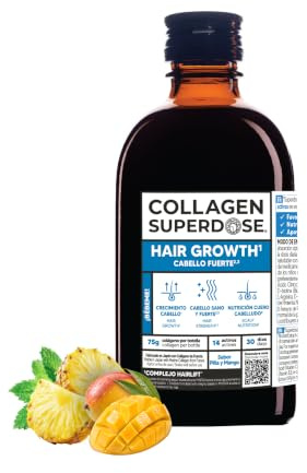 COLLAGEN SUPERDOSE BY GOLD COLLAGEN Cabello Fuerte - Complemento Líquido Cabello Piel Uñas, Colágeno Marino Hidrolizado (75g), Vitamina C, Biotina, Zinc Selenio, Cabello Anticaída y Crecimiento, 300ml
