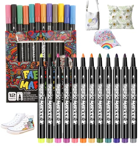 Marcadores textiles y tejidos, juego de 12 rotuladores textiles permanentes y marcadores indelebles para tejidos, ideal para camisetas, bolsas y zapatos, pintura textil vivamente colorida para