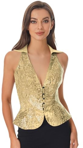 Jugaoge Chaleco brillante para mujer, chaleco festivo con lentejuelas, corte ajustado, cuello en V, blusa profunda, blusa en V, uniforme de camarero, ropa exterior, discoteca, bar, danza