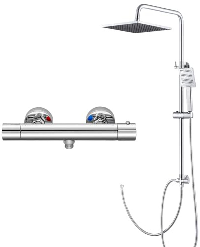 Auralum Grifo de ducha con termostato, sistema de ducha con ducha de lluvia cuadrada (25 × 25 cm), alcachofa de mano, termostato y barra de ducha ajustable en altura