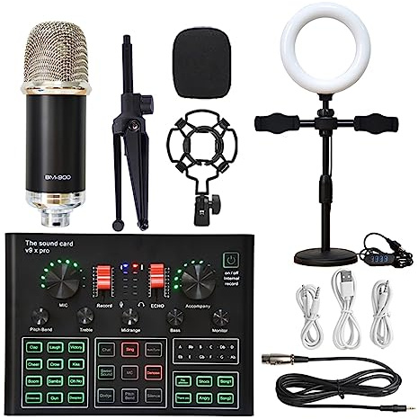 Kit de Carte Son, Ensemble de Microphones à condensateur Studio Professionnel WXH1000 Kit de Micro avec Carte Son en Direct karaoké sans Fil(Silver BM900 LED)