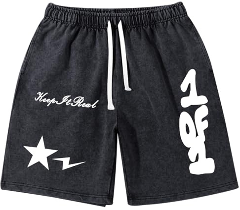 Weripoah Graphic Shorts Men Streetwear Y2k Short Men's Stars Lettering Print Shorts Vintage Drawstring Acid Washed Short(Black,XL)