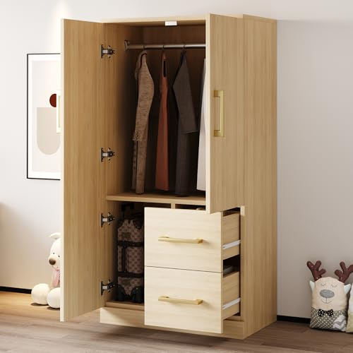 DACHETOU Armario de madera de 70 x 40 x 135 cm, diseño de doble puerta con cajones y compartimentos de almacenamiento, armario para niños, armario individual