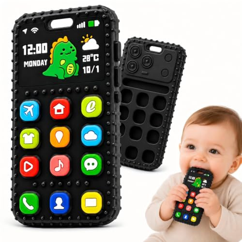 Sensorisk Säker Silikon Bitleksak för Bebisar Pojkar Flickor 3 6 9 12 Månader, Telefonbitring med Lindring Tandsprickning och Kylande Funktion med Tryckknappar, Present Nyfödd Baby Shower Födelsedag