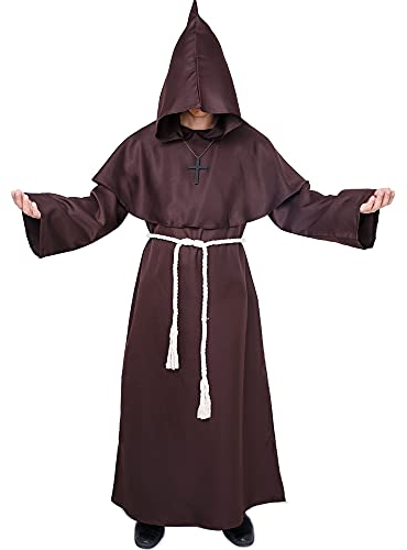 Myir JUN Mönch Robe Kostüm Mönch Priester Gewand Halloween Kostüm mit Kapuze Mittelalterliche Kapuze Herren Männer Mönchskutte (Braun, X-Large)