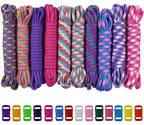 10 Colors Paracord Rope Parachute Cord Outdoor Survival Rope Set With 14 pcs Colorful Buckles DIY Manual Braiding Making Bracelets, Key Chain, Dog Collar, DIY Lanyards (24pcs multicolor)