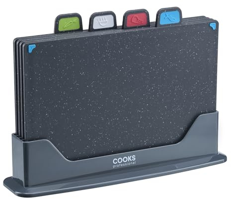 Cooks Professional Index Chopping Board Set | Set of 4 Non Slip Chopping Boards with Stand | Cutting Boards with Colour Coded Tabs for Fruit & Vegetables, Cooked Food, Raw Meat & Fish | Dark Grey