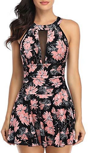 FLYILY Baddräkt med hög midja för kvinnor magkontroll baddräkt med shorts retro strandkläder halterneck badkläder(Flower,XL)