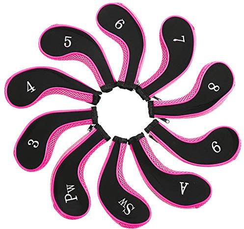 Golfschlägerhaube, Golf Eisenkopfbezüge,10pcs wasserdichte Neopren Golfschläger Eisenkopfbezüge Putter Set Schutzhülle Golfzubehör(Rosa)