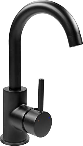 Cornat tvättställsblandare Noir – Black Edition – matt svart mässingskropp – enkel skaftfastsättning – med avloppsventil/vattenkran för badrum/handfatskran/NERSH1
